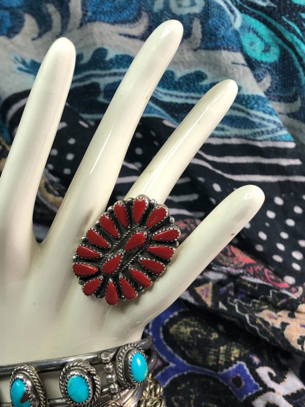 Navajo Coral Cluster Ring & Bracelet Set - Image 8