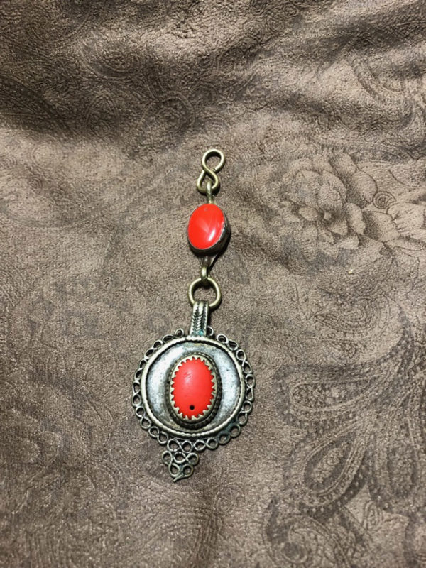 Old Afghan Coral Colored Glass Filigree Pendant - Image 2
