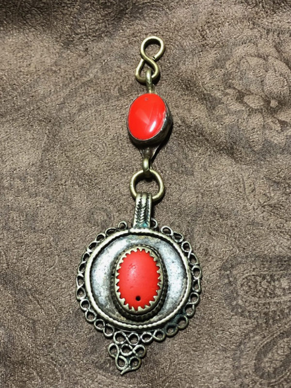 Old Afghan Coral Colored Glass Filigree Pendant - Image 3