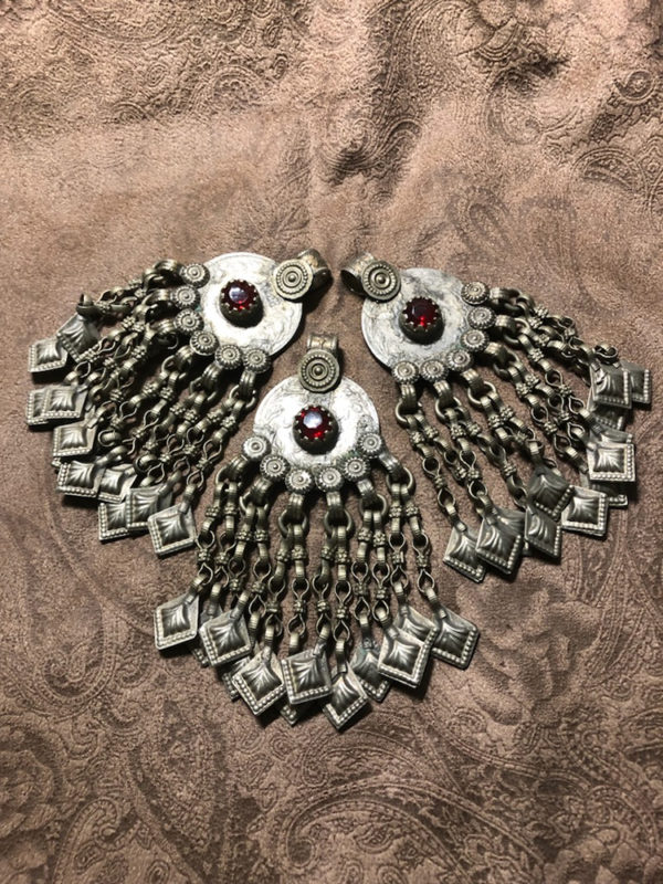 Vintage Pashtun Coin Pendants with Red Glass and Dangles - Image 2