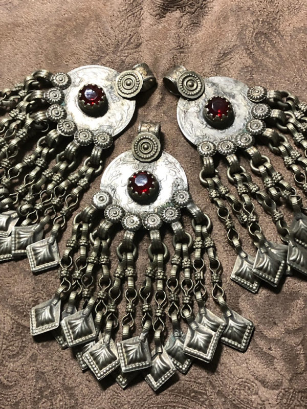 Vintage Pashtun Coin Pendants with Red Glass and Dangles - Image 4