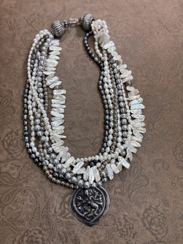 Gorgeous Silver Hanuman Pendant with Freshwater Pearls and Silver Bead Necklace - Image 3