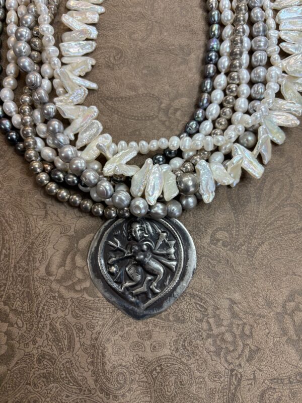 Gorgeous Silver Hanuman Pendant with Freshwater Pearls and Silver Bead Necklace - Image 4