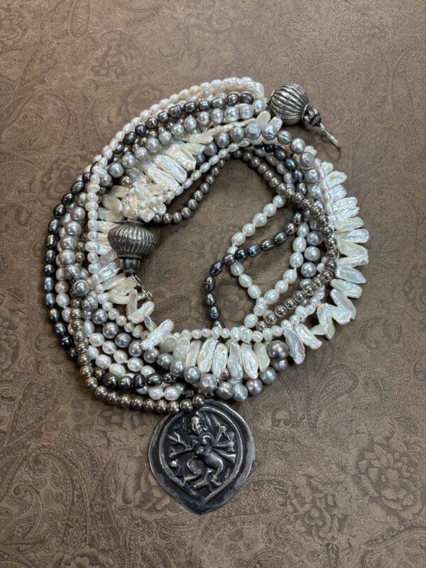 Gorgeous Silver Hanuman Pendant with Freshwater Pearls and Silver Bead Necklace - Image 5