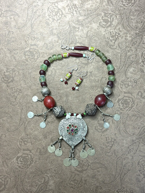 Antique Pashtun Pendant Necklace with Antique Glass,, Vinyl and Silver Beads - Image 2