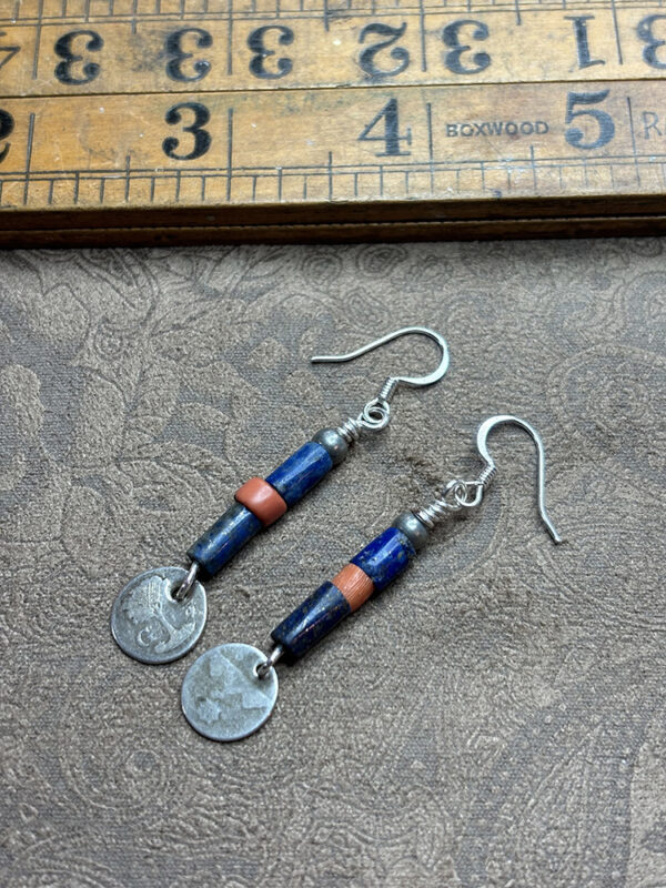 Beautiful Lapis, Mediterranean Coral Earrings with Antique Guatemalan Coins - Image 2