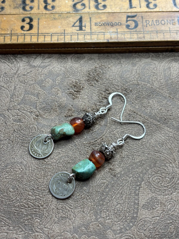 Antique Silver Coin & Bead, Turquoise and Agate Earrings - Image 2