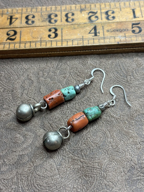 Gorgeous Tibetan Turquoise and Mediterranean Coral Earrings - Image 2