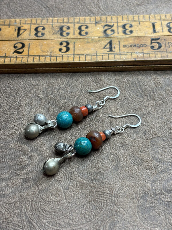 Turquoise, Ancient Agate and Mediterranean Coral Earrings - Image 2