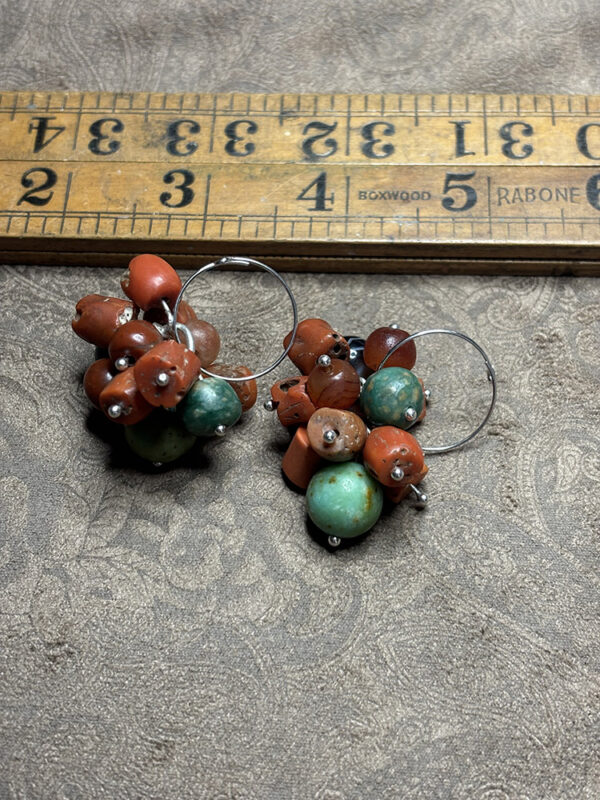Antique Agate, Turquoise and Coral Earrings - Image 2
