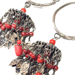 Antique Uzbekistan Coral and Silver Dangle Earrings